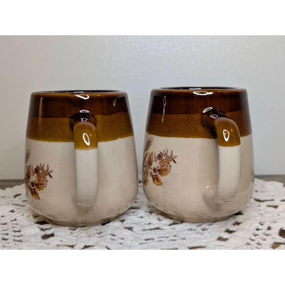 Vintage Autumn Wheat & Floral Stoneware Coffee Mugs Set of 2